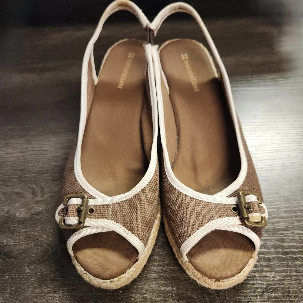 Naturalizer Wedge Sandals Womens Size 7 Brown Canvas Espadrille Slingback Summer